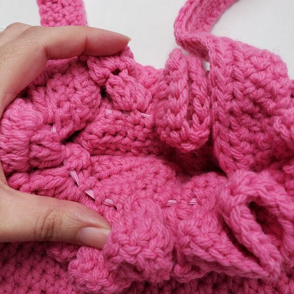 Crochet Shoulder Bag Pink Medium Purse Handmade Ruffle Dollcore Coquette Spring - Picture 8 of 12
